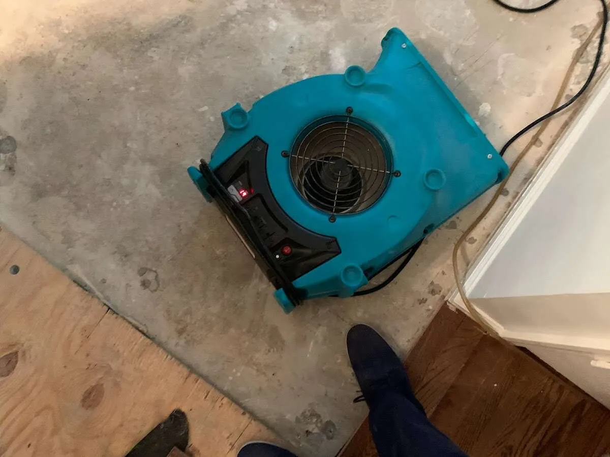 Air mover drying subfloor during Commercial Water Damage Restoration in Vacaville